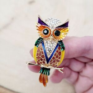 Brand New 2 In 1 Yellow & Green Owl Gold Tone Rhinestone Brooch Pin & Pendant